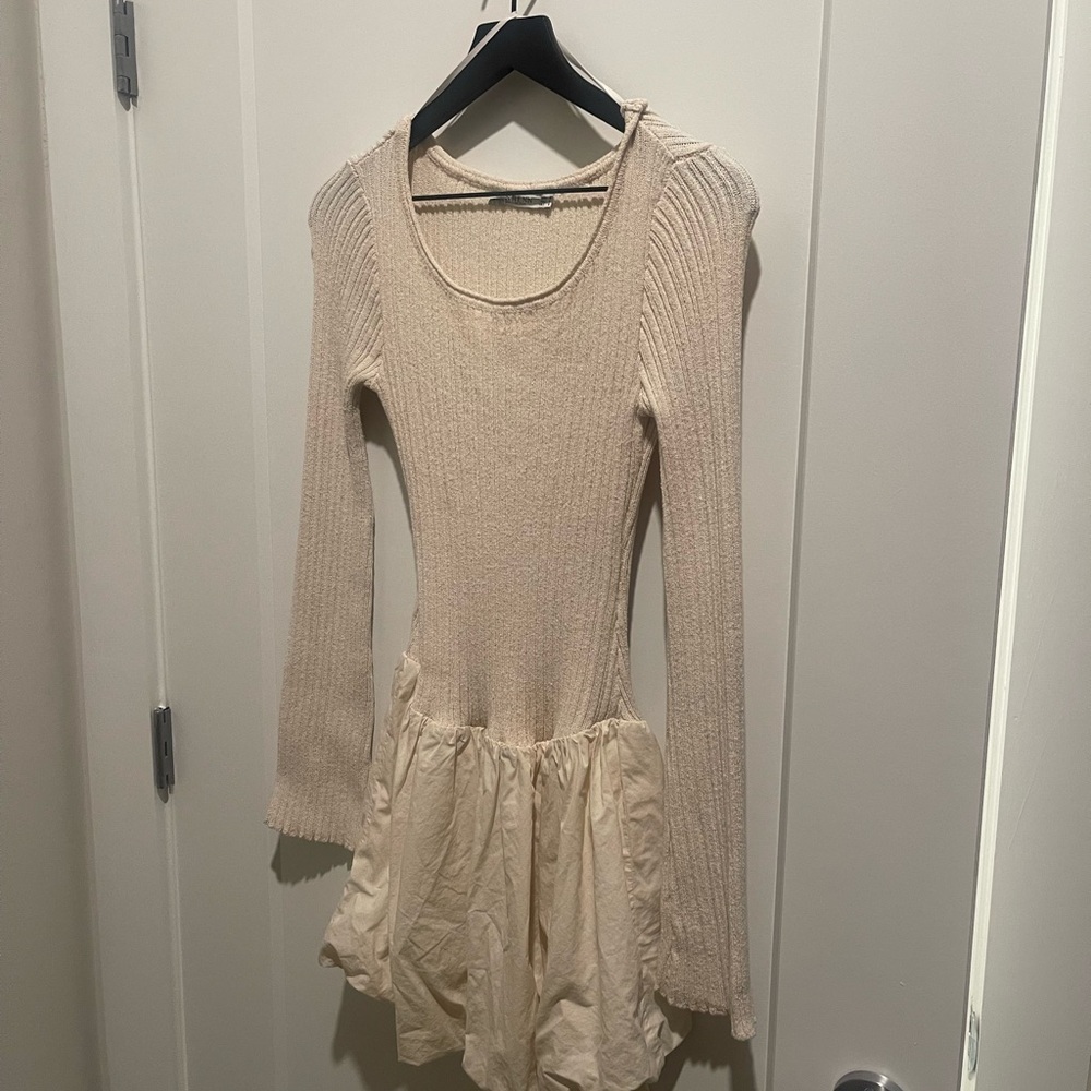 Mon Renn Cream Beige Scoop Neck Knit Dress